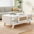 Tavolino da Caffè, Tavolini da Salotto, Tavolino Moderno Quadrato con Cassetto in Rattan, Tavolino da Salotto in Legno