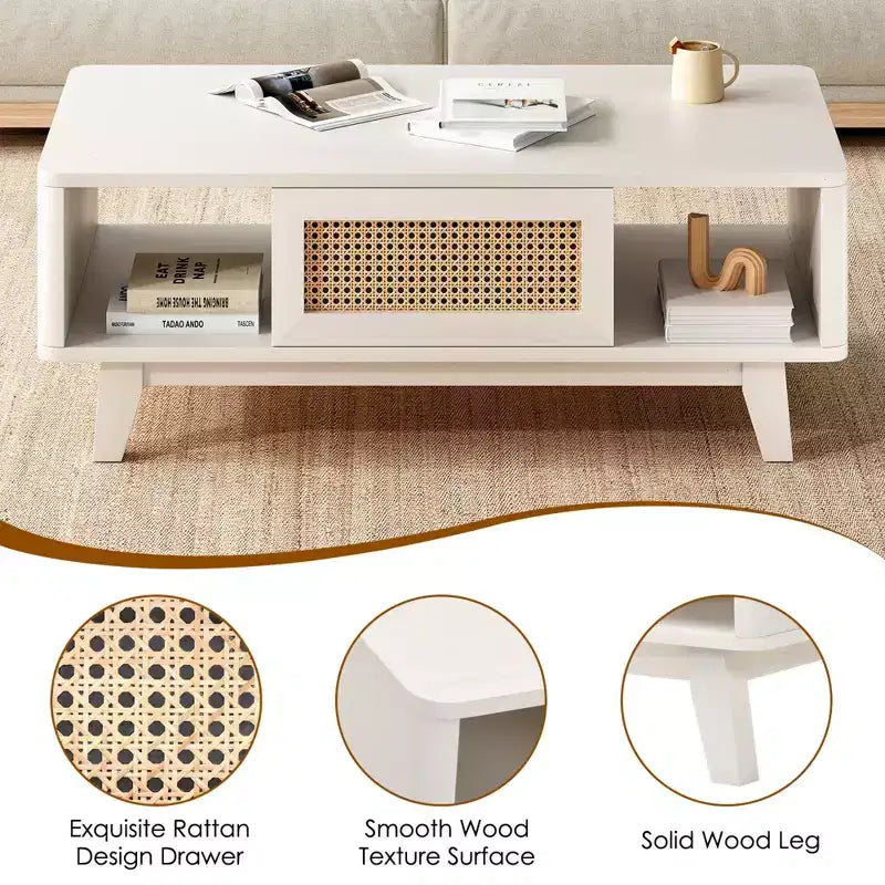 Tavolino da Caffè, Tavolini da Salotto, Tavolino Moderno Quadrato con Cassetto in Rattan, Tavolino da Salotto in Legno