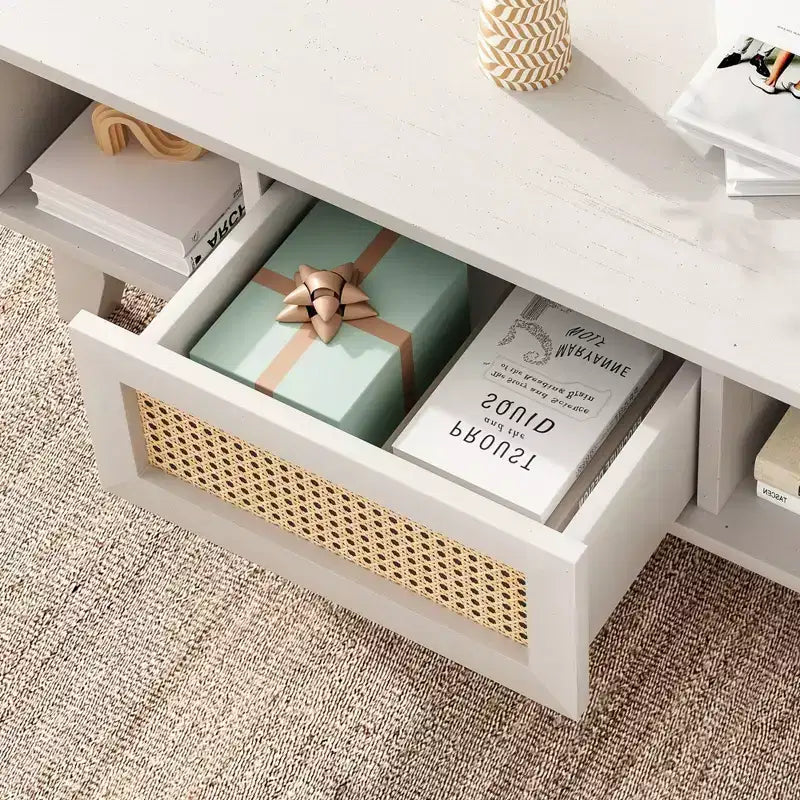Tavolino da Caffè, Tavolini da Salotto, Tavolino Moderno Quadrato con Cassetto in Rattan, Tavolino da Salotto in Legno