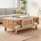 Tavolino da Caffè, Tavolini da Salotto, Tavolino Moderno Quadrato con Cassetto in Rattan, Tavolino da Salotto in Legno