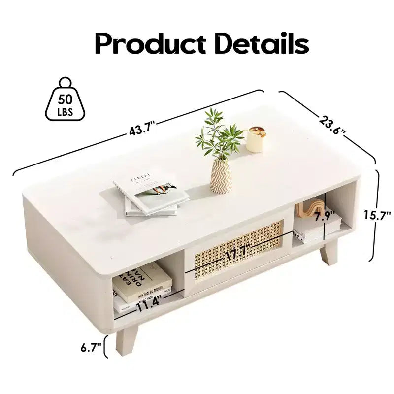 Tavolino da Caffè, Tavolini da Salotto, Tavolino Moderno Quadrato con Cassetto in Rattan, Tavolino da Salotto in Legno
