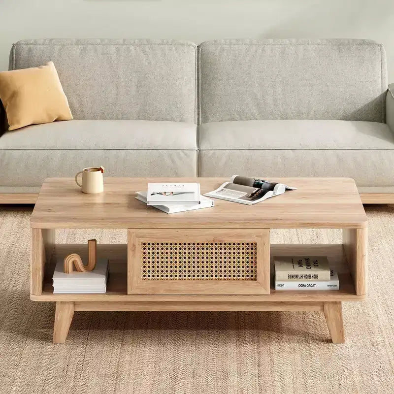 Tavolino da Caffè, Tavolini da Salotto, Tavolino Moderno Quadrato con Cassetto in Rattan, Tavolino da Salotto in Legno