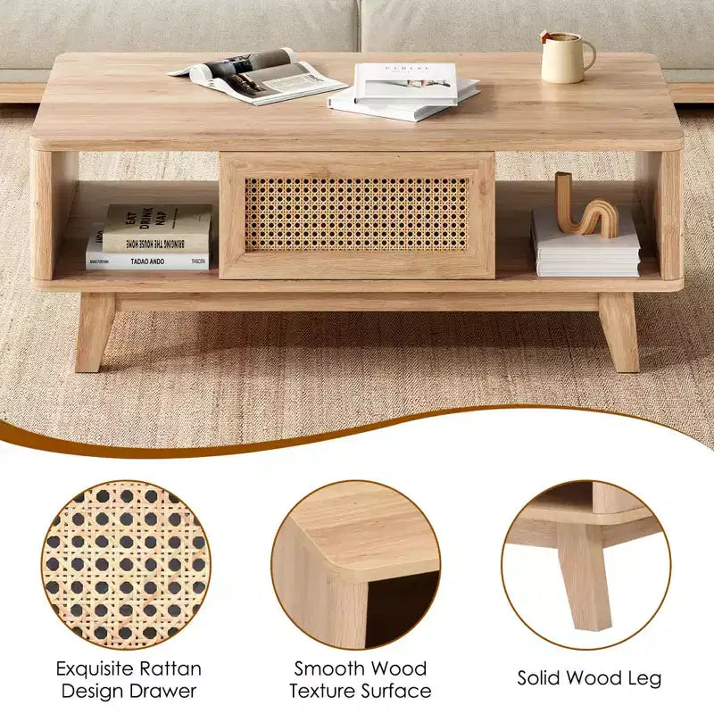 Tavolino da Caffè, Tavolini da Salotto, Tavolino Moderno Quadrato con Cassetto in Rattan, Tavolino da Salotto in Legno