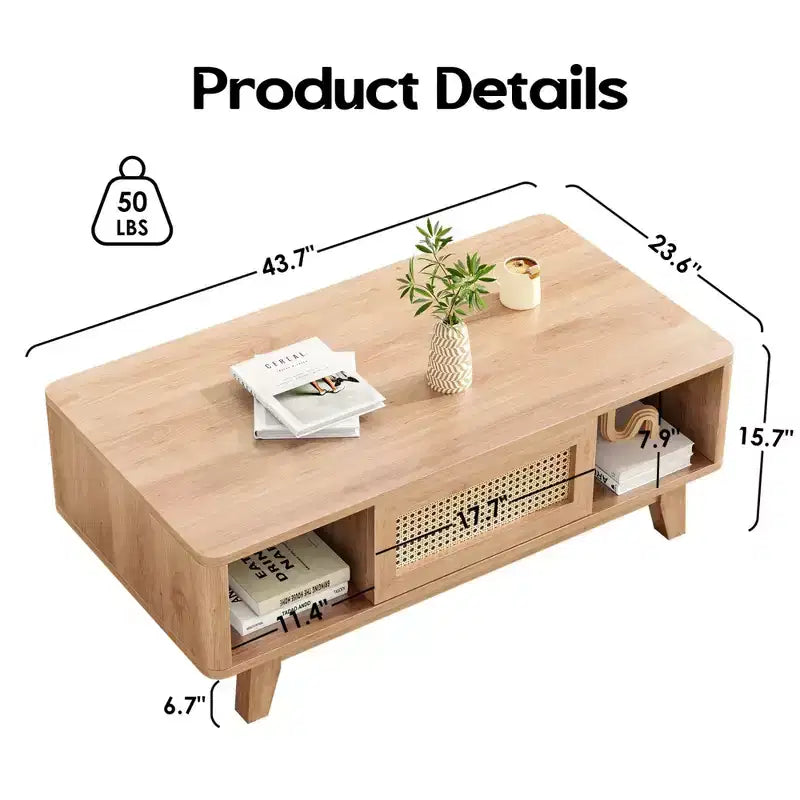 Tavolino da Caffè, Tavolini da Salotto, Tavolino Moderno Quadrato con Cassetto in Rattan, Tavolino da Salotto in Legno