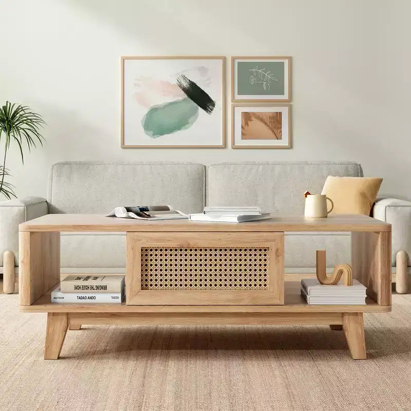Tavolino da Caffè, Tavolini da Salotto, Tavolino Moderno Quadrato con Cassetto in Rattan, Tavolino da Salotto in Legno
