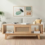Tavolino da Caffè, Tavolini da Salotto, Tavolino Moderno Quadrato con Cassetto in Rattan, Tavolino da Salotto in Legno