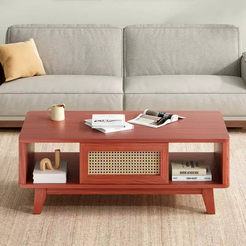 Tavolino da Caffè, Tavolini da Salotto, Tavolino Moderno Quadrato con Cassetto in Rattan, Tavolino da Salotto in Legno