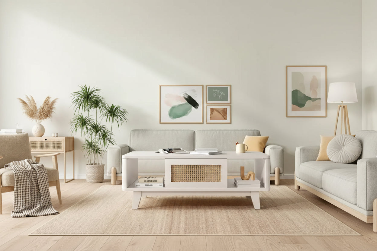 Coffee Table, Living Room Tables, Modern Square Coffee Table with Rattan Drawer, Wooden Living Room Table
