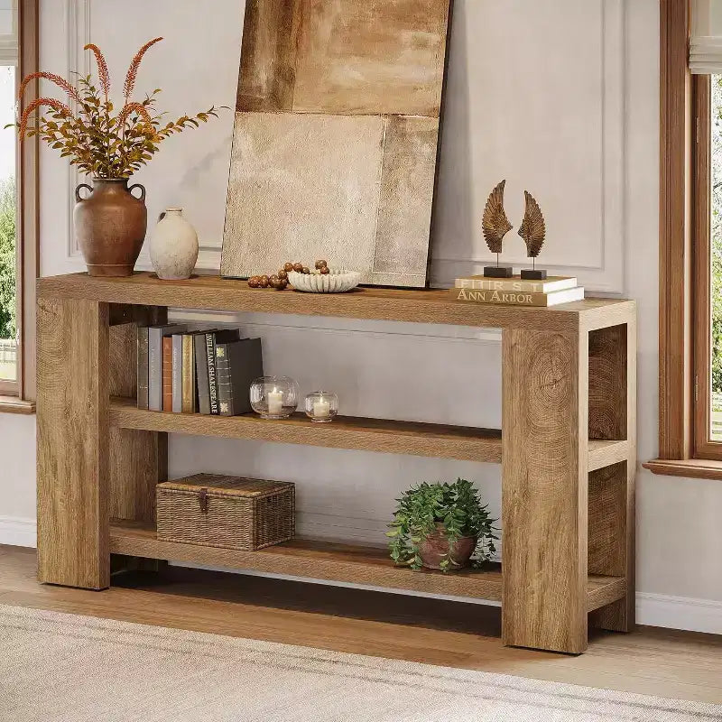 Consolle da 180 cm a 3 livelli extra lunga, tavolo da divano stretto in legno dietro al divano, tavolo d'ingresso in stile rustico per soggiorno, corridoio