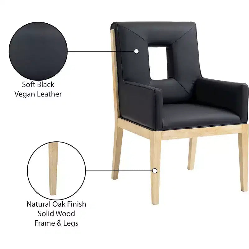 Sedia da pranzo con braccioli in pelle vegana nera – Struttura in legno di quercia, Stile moderno di metà secolo, Schienale alto
