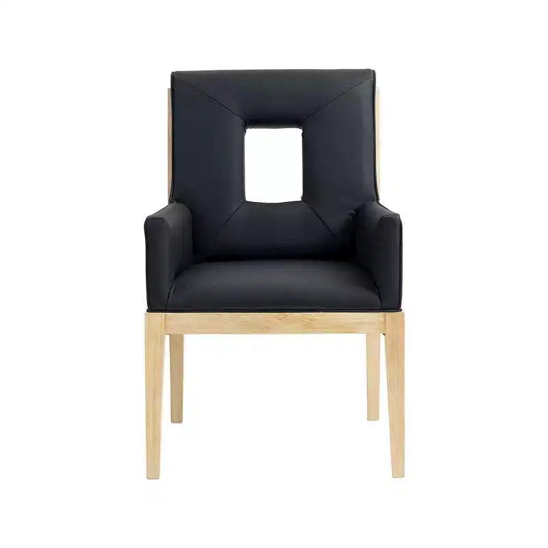 Sedia da pranzo con braccioli in pelle vegana nera – Struttura in legno di quercia, Stile moderno di metà secolo, Schienale alto