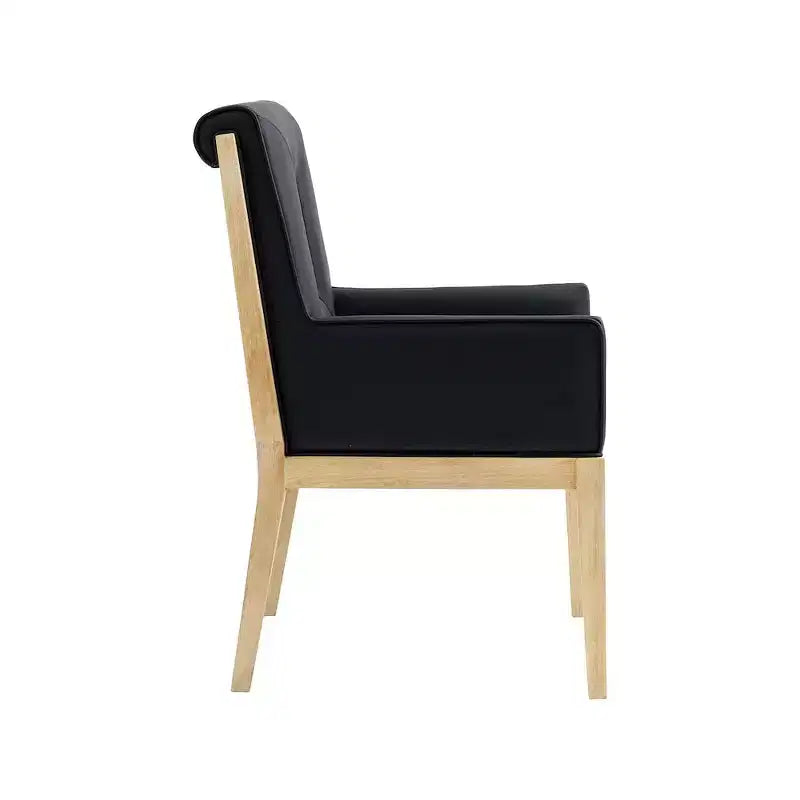 Sedia da pranzo con braccioli in pelle vegana nera – Struttura in legno di quercia, Stile moderno di metà secolo, Schienale alto