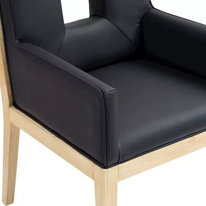 Sedia da pranzo con braccioli in pelle vegana nera – Struttura in legno di quercia, Stile moderno di metà secolo, Schienale alto