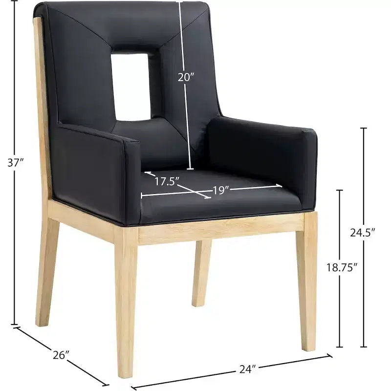 Sedia da pranzo con braccioli in pelle vegana nera – Struttura in legno di quercia, Stile moderno di metà secolo, Schienale alto
