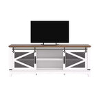 GustoWave Farmhouse TV Stand for TVs up to 65'', Sliding Barn Door with Open Storage, White & Brown