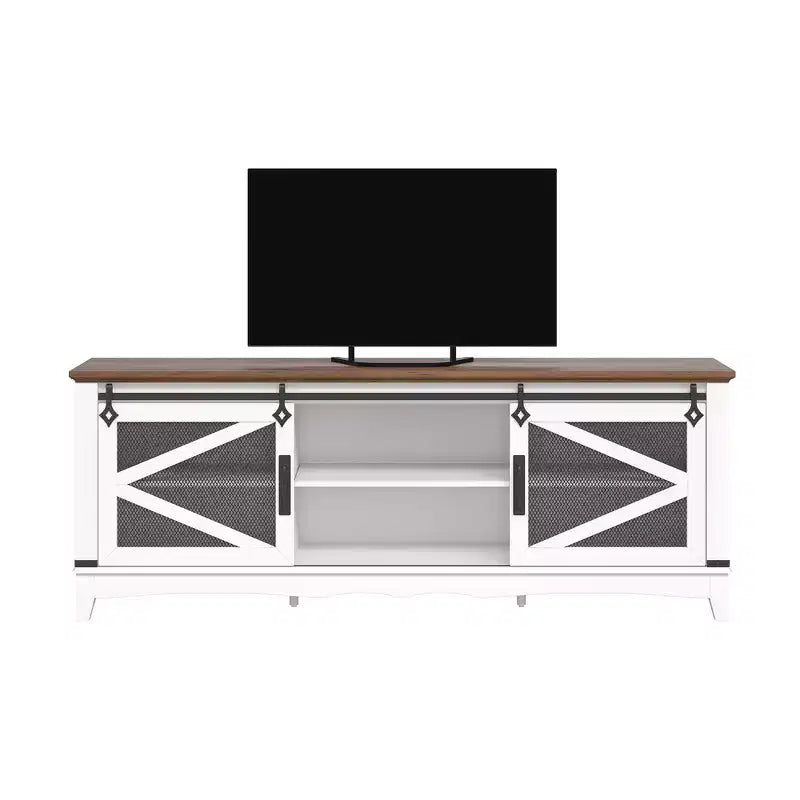 GustoWave Farmhouse TV Stand for TVs up to 65'', Sliding Barn Door with Open Storage, White & Brown