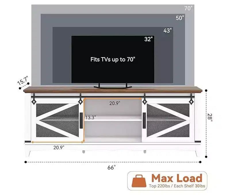 Mobile porta TV in stile rustico per TV fino a 70" – Anta scorrevole a fienile, ripiani aperti, bianco e marrone, 66"L