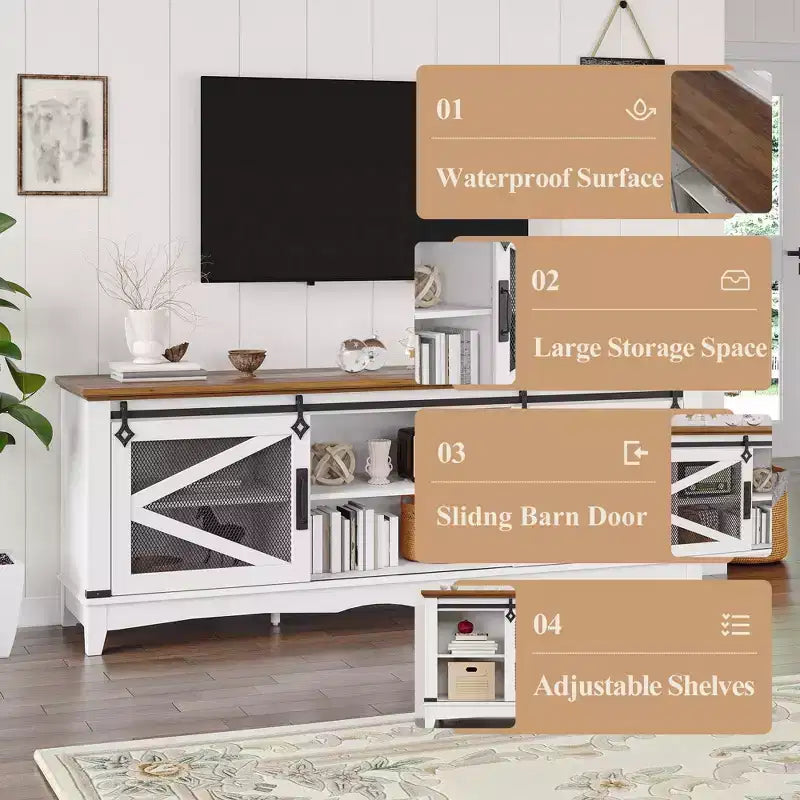 Mobile porta TV in stile rustico per TV fino a 70" – Anta scorrevole a fienile, ripiani aperti, bianco e marrone, 66"L