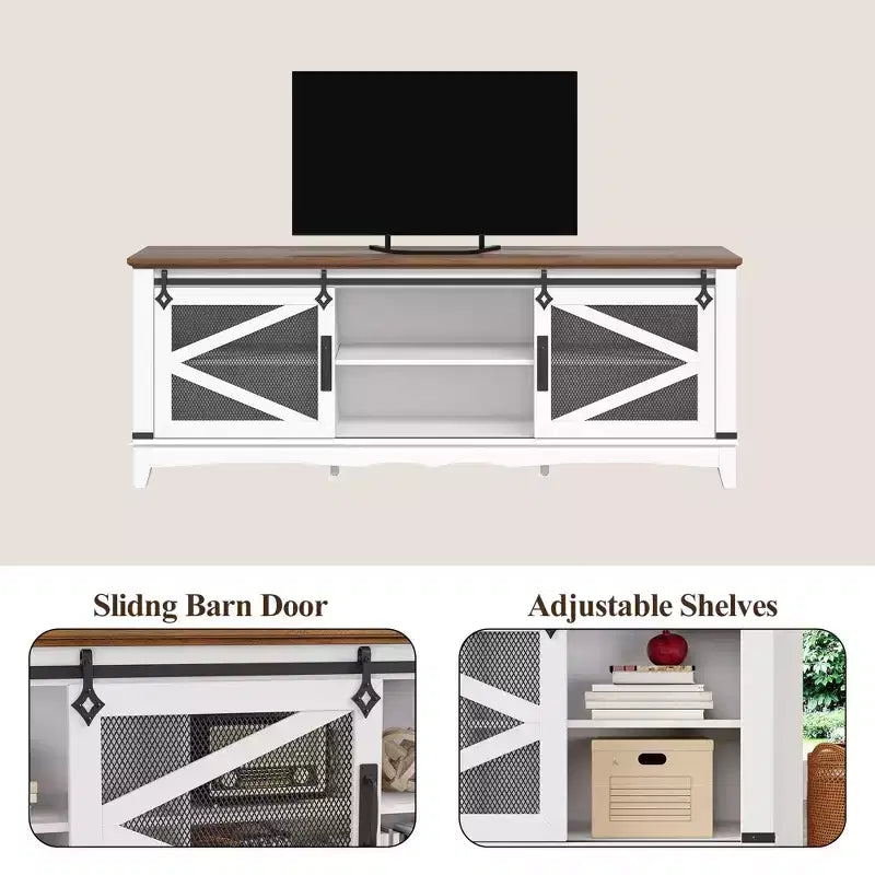Mobile porta TV in stile rustico per TV fino a 70" – Anta scorrevole a fienile, ripiani aperti, bianco e marrone, 66"L