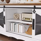 Mobile porta TV in stile rustico per TV fino a 70" – Anta scorrevole a fienile, ripiani aperti, bianco e marrone, 66"L