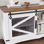 Mobile porta TV in stile rustico per TV fino a 70" – Anta scorrevole a fienile, ripiani aperti, bianco e marrone, 66"L