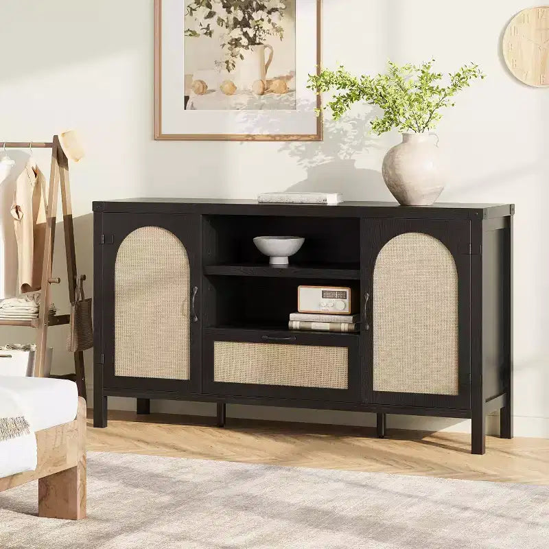 DobleePy 47 Black Rattan Sideboard Buffet Cabinet with Drawer & Adjustable Shelves, Farmhouse Coffee Bar Storage for Dining & Living Room
