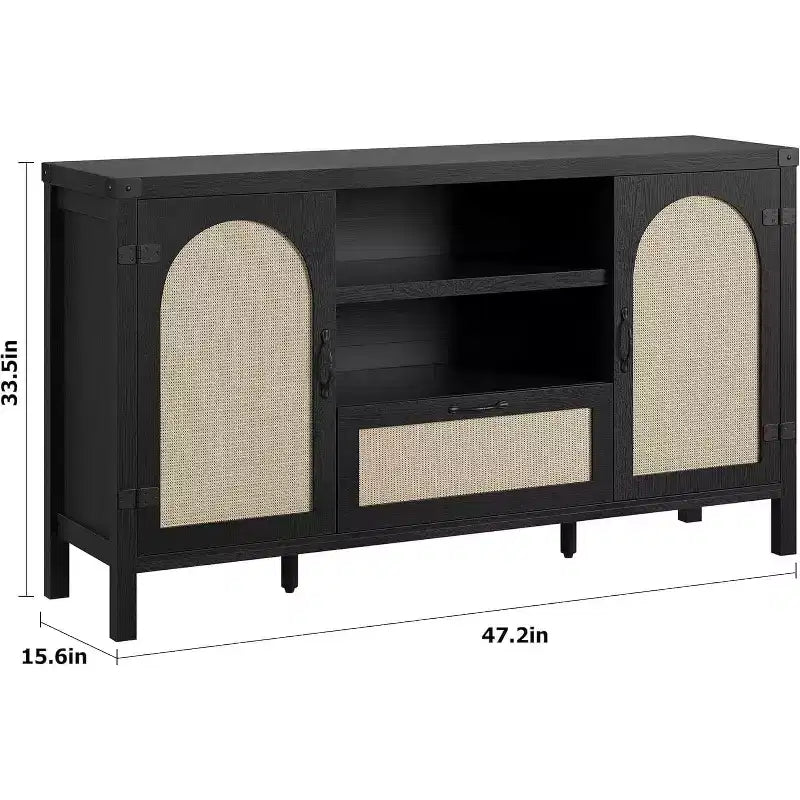 Mobile credenza da 47" in rattan nero – Cassetto, ripiani regolabili, stile rustico