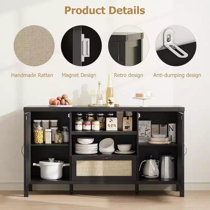 Mobile credenza da 47" in rattan nero – Cassetto, ripiani regolabili, stile rustico