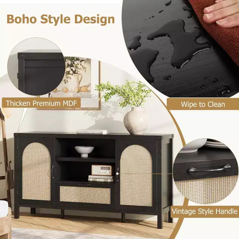 Mobile credenza da 47" in rattan nero – Cassetto, ripiani regolabili, stile rustico