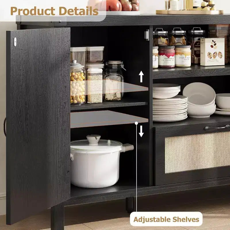 Mobile credenza da 47" in rattan nero – Cassetto, ripiani regolabili, stile rustico