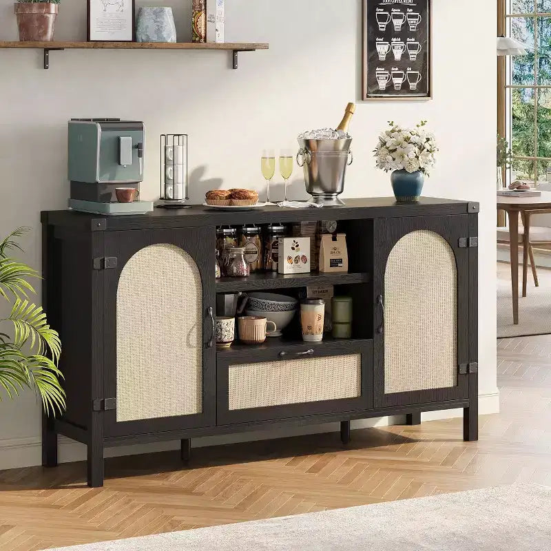 Mobile credenza da 47" in rattan nero – Cassetto, ripiani regolabili, stile rustico