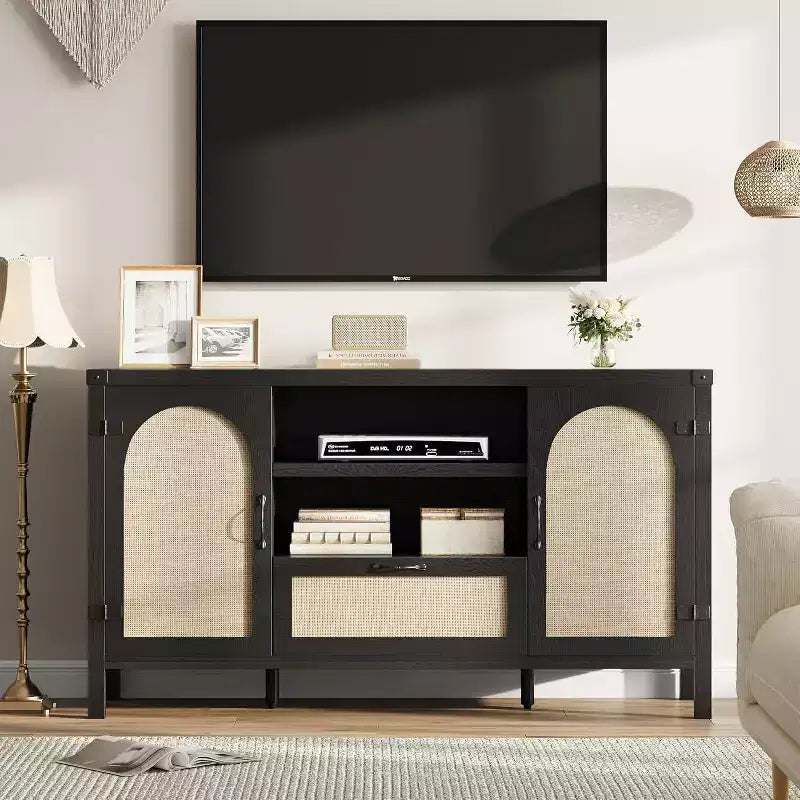 Mobile credenza da 47" in rattan nero – Cassetto, ripiani regolabili, stile rustico
