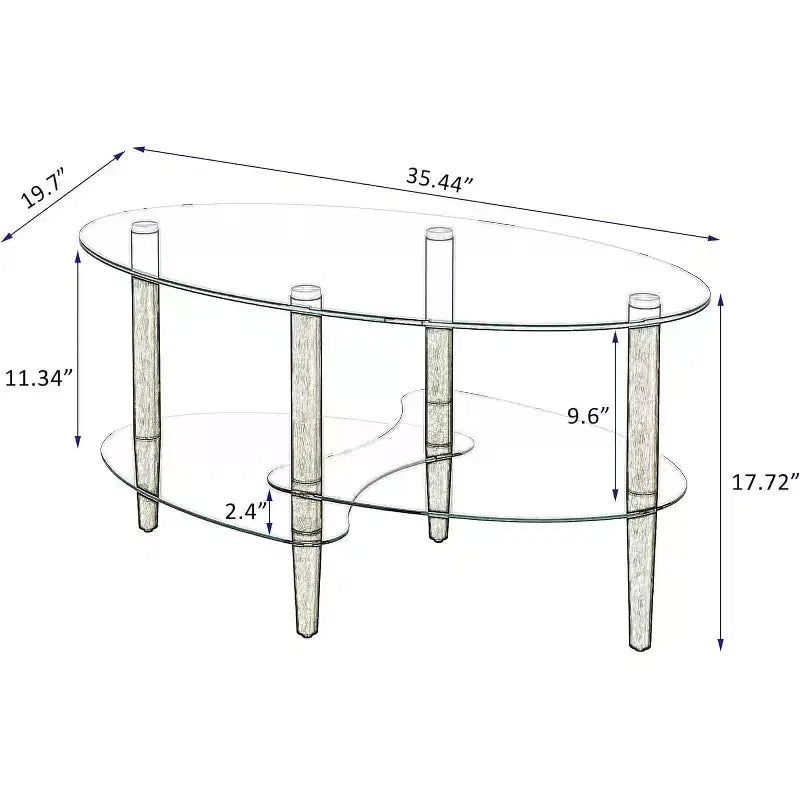 Tavolino da caffè ovale moderno con piano in vetro e gambe in rovere - 89,94x50,01x45,01 cm - Capacità di carico 100 kg