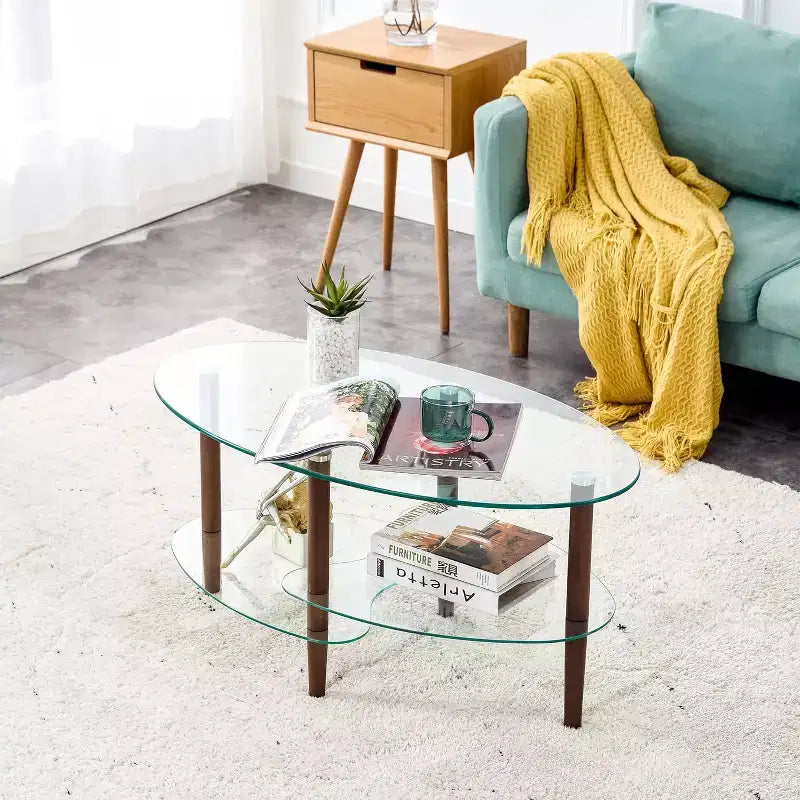 Tavolino da caffè ovale moderno con piano in vetro e gambe in rovere - 89,94x50,01x45,01 cm - Capacità di carico 100 kg