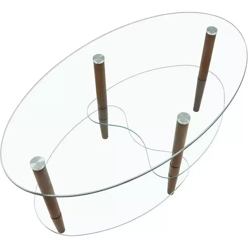 Tavolino da caffè ovale moderno con piano in vetro e gambe in rovere - 89,94x50,01x45,01 cm - Capacità di carico 100 kg