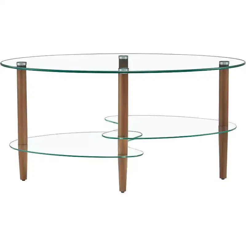 Tavolino da caffè ovale moderno con piano in vetro e gambe in rovere - 89,94x50,01x45,01 cm - Capacità di carico 100 kg