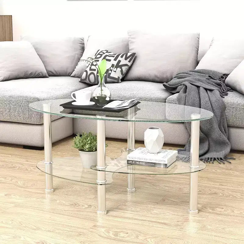 Tavolino da caffè ovale moderno con piano in vetro e gambe in rovere - 89,94x50,01x45,01 cm - Capacità di carico 100 kg