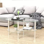 Tavolino da caffè ovale moderno con piano in vetro e gambe in rovere - 89,94x50,01x45,01 cm - Capacità di carico 100 kg