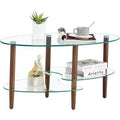 Modern Oval Glass Top Coffee Table with Oak Legs - 35.43x19.69x17.72in - Load Capacity 220lbs