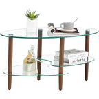 Modern Oval Glass Top Coffee Table with Oak Legs - 35.43x19.69x17.72in - Load Capacity 220lbs
