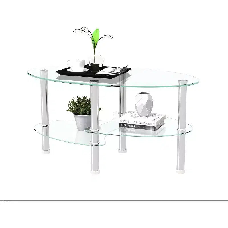 Tavolino da caffè ovale moderno con piano in vetro e gambe in rovere - 89,94x50,01x45,01 cm - Capacità di carico 100 kg