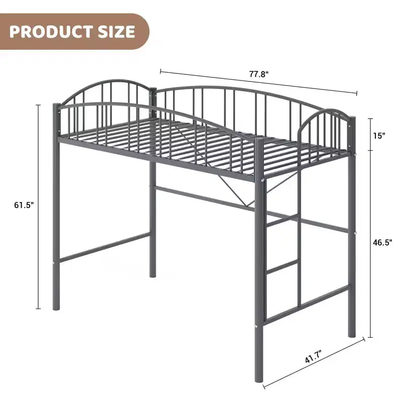 Letto a soppalco singolo con scaletta e sponda di protezione arcuata – Telaio in metallo, portata 159 kg, altezza libera 118 cm