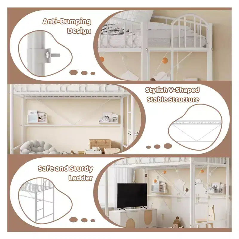 Letto a soppalco singolo con scaletta e sponda di protezione arcuata – Telaio in metallo, portata 159 kg, altezza libera 118 cm