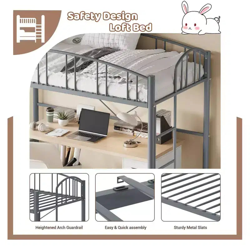 Letto a soppalco singolo con scaletta e sponda di protezione arcuata – Telaio in metallo, portata 159 kg, altezza libera 118 cm