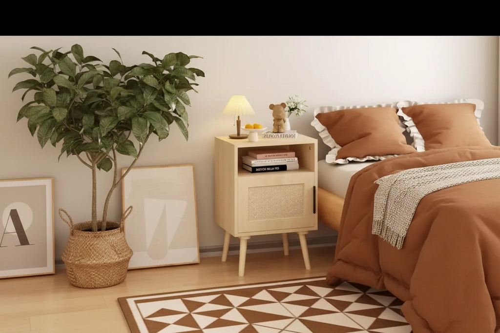22.83'' H Rattan Nightstand, Side Table with Door Open Shelf, Accent Bedside End Table with Solid Wood Legs for Bedroom, Dorm and Small Spaces, Oak