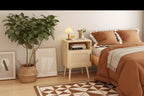 22.83'' H Rattan Nightstand, Side Table with Door Open Shelf, Accent Bedside End Table with Solid Wood Legs for Bedroom, Dorm and Small Spaces, Oak
