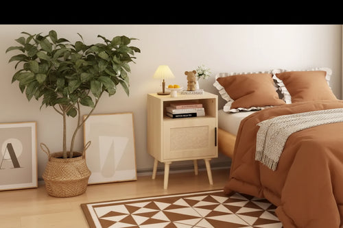 22.83'' H Rattan Nightstand, Side Table with Door Open Shelf, Accent Bedside End Table with Solid Wood Legs for Bedroom, Dorm and Small Spaces, Oak