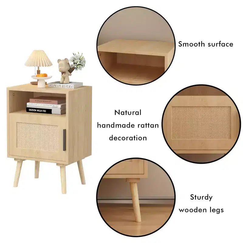 Comodino in Rattan da 22,83'' H, Tavolino con Ante e Ripiani aperti, Tavolino d'Appoggio con Gambe in Legno Massiccio per Camera da Letto, Dormitorio e Piccoli Spazi, Quercia