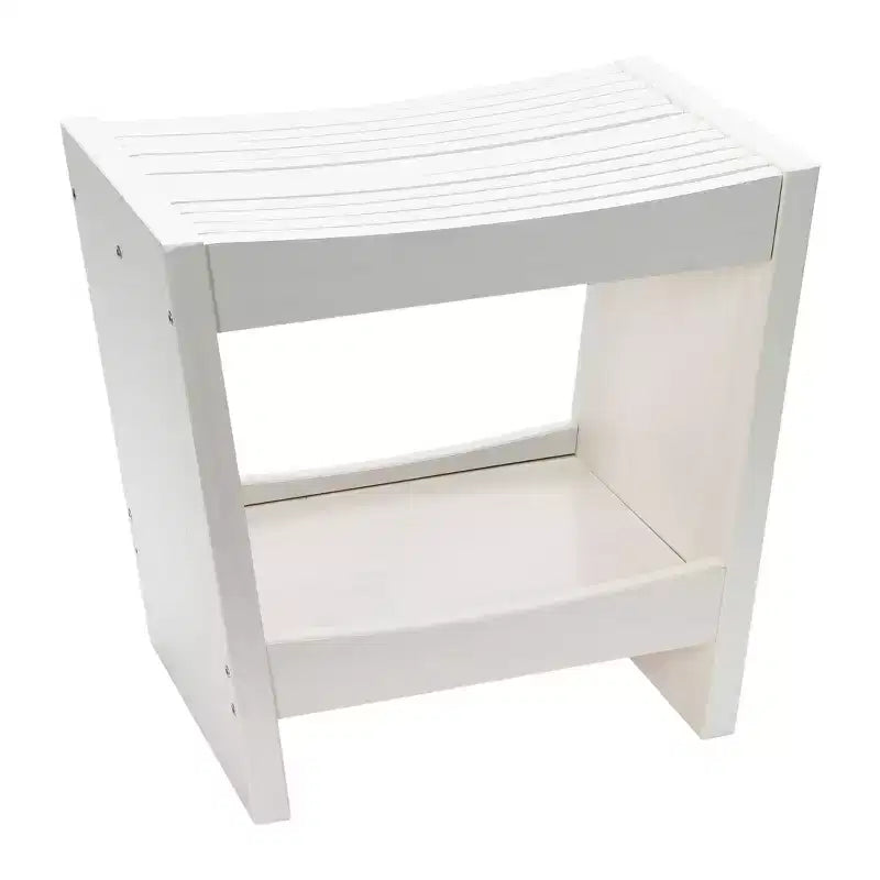 Storied Home Modern Slatted Solid Wood Stool With Storage Shelf, White Finish