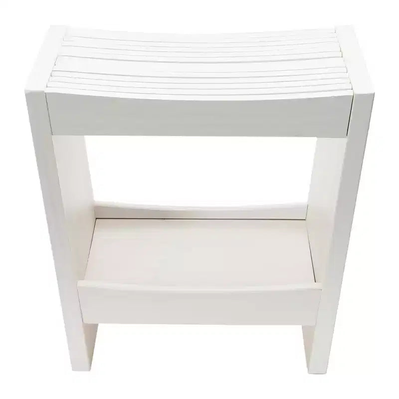 Sgabello in Legno Massello a Doghe Bianche con Ripiano Contenitore – 47.6 cm L, Ergonomico, Stile Rustico